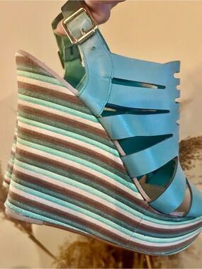 Anna Luz Brazilian Turquoise Strappy Wedge Sandals for Women